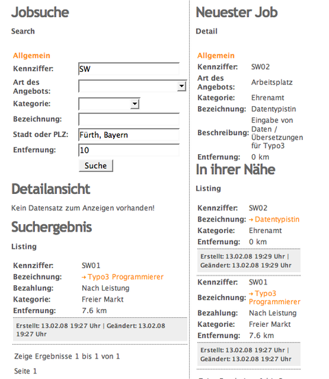 Screenshot TYPO3 Extension - Jobbörse mit Umkreissuche
