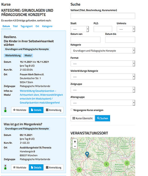 Screenshot 'Kurse' der Website Evangelischer KITA-Verband Bayern e.V.