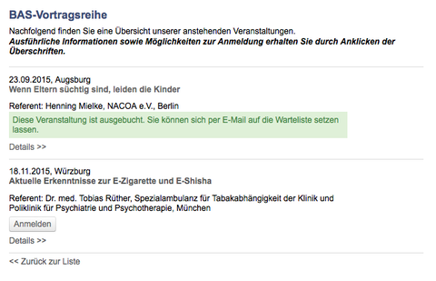 Screenshot 'Seminarverwaltung im Frontend' der Website Bayerische Akademie für Sucht- und Gesundheitsfragen